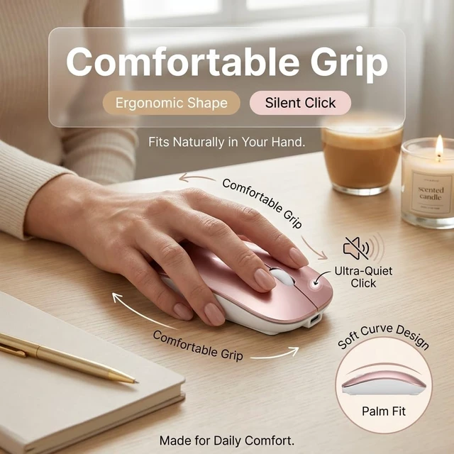 Alt view image 6 of 6 - Wireless Bluetooth Mouse for Mac Air MacBook Pro Laptop PC Pad Optical Rechargeable Silent Mouse with Jiggler Mode Dual Mode Switch Bluetooth 5.2/3.0 and 2.4G USB-A & USB-C Receiver Rose Gold