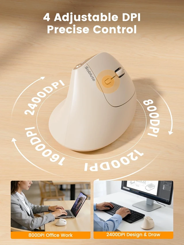 Alt view image 6 of 7 - MAM3 Ergonomic Mouse, Bluetooth Mouse for Small and Medium Hands | Vertical Mouse with 3-Device Bluetooth, Rechargeable Battery and 4 Adjustable DPI for Laptops, Windows and MacOSBeige