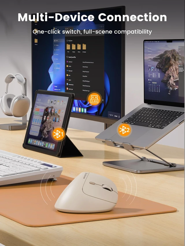 Alt view image 4 of 7 - MAM3 Ergonomic Mouse, Bluetooth Mouse for Small and Medium Hands | Vertical Mouse with 3-Device Bluetooth, Rechargeable Battery and 4 Adjustable DPI for Laptops, Windows and MacOSBeige