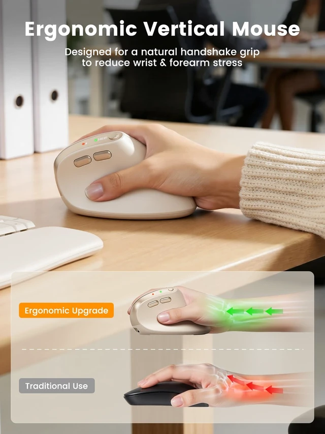 Alt view image 3 of 7 - MAM3 Ergonomic Mouse, Bluetooth Mouse for Small and Medium Hands | Vertical Mouse with 3-Device Bluetooth, Rechargeable Battery and 4 Adjustable DPI for Laptops, Windows and MacOSBeige