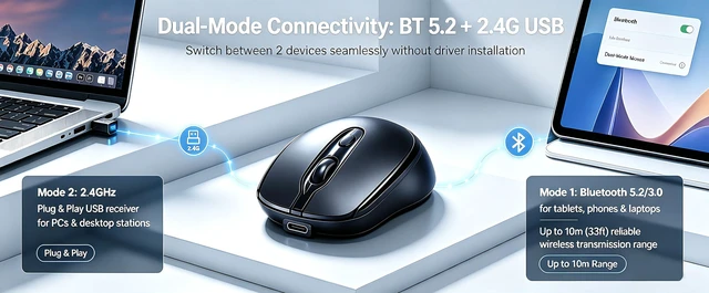 Alt view image 4 of 7 - Wireless Mouse, Bluetooth Mouse - Rechargeable Matte Black | Dual Mode - BT5.2 & 2.4G,Long Lasting,Silent Slim Portable Mouse for Laptop,PC,Tablet,MacBook,iPad,Apple Devices