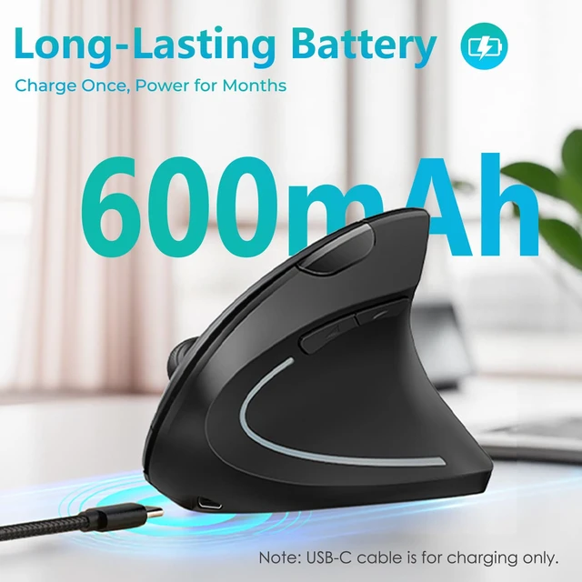 Alt view image 3 of 7 - Ergonomic Mouse, Rechargeable Vertical Wireless Mouse, Comfort Grip | Long Battery Life, USB-C Charging, Quiet Click, Carpal Tunnel Support, 2.4G Wireless, 3DPI 800/1200/1600, for Laptop, Mac, PC