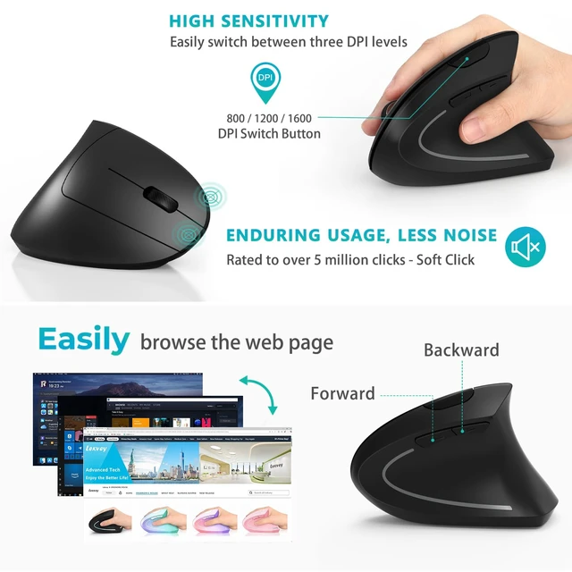 Alt view image 5 of 7 - Ergonomic Mouse, Rechargeable Vertical Wireless Mouse, Comfort Grip | Long Battery Life, USB-C Charging, Quiet Click, Carpal Tunnel Support, 2.4G Wireless, 3DPI 800/1200/1600, for Laptop, Mac, PC