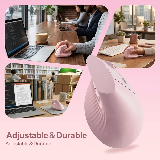 Alt view image 2 of 7 - Ergonomic Wireless Vertical Mouse Pink, Bluetooth Mouse with BT5.0/4.0 & 2.4G+USB-C Adapter, Rechargeable Silent, 4 Adjustable DPI Levels, Multi-Device Computer for MacBook, Laptop, PC, Home Office