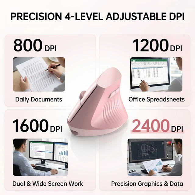 Alt view image 3 of 7 - Ergonomic Wireless Vertical Mouse Pink, Bluetooth Mouse with BT5.0/4.0 & 2.4G+USB-C Adapter, Rechargeable Silent, 4 Adjustable DPI Levels, Multi-Device Computer for MacBook, Laptop, PC, Home Office