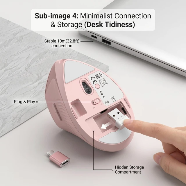 Alt view image 4 of 7 - Ergonomic Wireless Vertical Mouse Pink, Bluetooth Mouse with BT5.0/4.0 & 2.4G+USB-C Adapter, Rechargeable Silent, 4 Adjustable DPI Levels, Multi-Device Computer for MacBook, Laptop, PC, Home Office