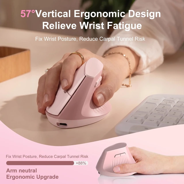 Alt view image 7 of 7 - Ergonomic Wireless Vertical Mouse Pink, Bluetooth Mouse with BT5.0/4.0 & 2.4G+USB-C Adapter, Rechargeable Silent, 4 Adjustable DPI Levels, Multi-Device Computer for MacBook, Laptop, PC, Home Office