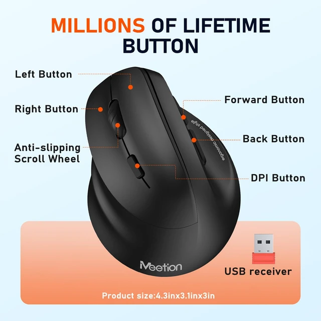 Alt view image 5 of 7 - Left-Handed Wireless Ergonomic Vertical Mouse, Rechargeable - Black | Dual Bluetooth 5.2/3.0 + USB, RGB lighting, 4 adjustable DPI, compatible with Windows, Mac, PC, iPad and tablets