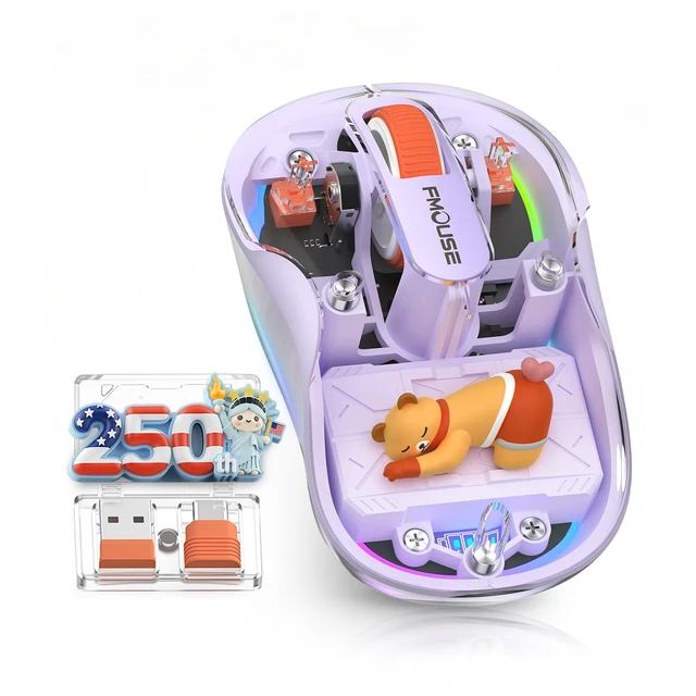 Main image of Transparent Wireless Mouse, 2 Cute 2026 Figurines, Tri-Mode, Purple | Rechargeable | USB-A & USB-C Receivers for Mac, iPad, Laptop | 2.4G & Dual Bluetooth | Silent Clicks | RGB | Portable