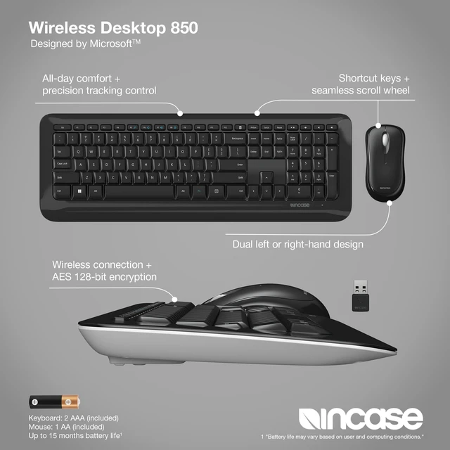 Alt view image 2 of 7 - Desktop 850 Keyboard & Mouse Combo Designed by Microsoft Wireless Connection, Precision Tracking, Wireless AES 128-Bit Encryption, Windows Shortcut Keys, Ambidextrous Design Black