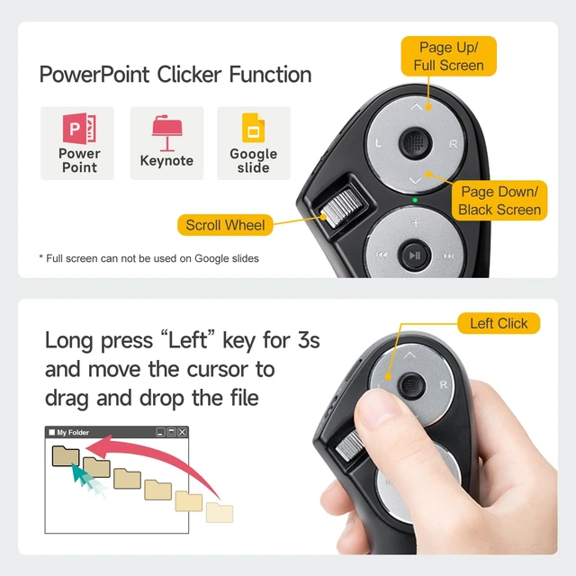 Alt view image 4 of 7 - Bluetooth + 2.4G Wireless Handheld Mouse, 3 in 1 Presentation Clicker, Remote Air Mouse with Scroll, Portable Finger Mice, Rechargeable PPT Slide, Compatible with Mac, PC, Laptop, Phone, Tablet