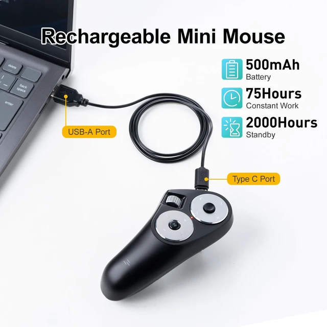Alt view image 7 of 7 - Bluetooth + 2.4G Wireless Handheld Mouse, 3 in 1 Presentation Clicker, Remote Air Mouse with Scroll, Portable Finger Mice, Rechargeable PPT Slide, Compatible with Mac, PC, Laptop, Phone, Tablet