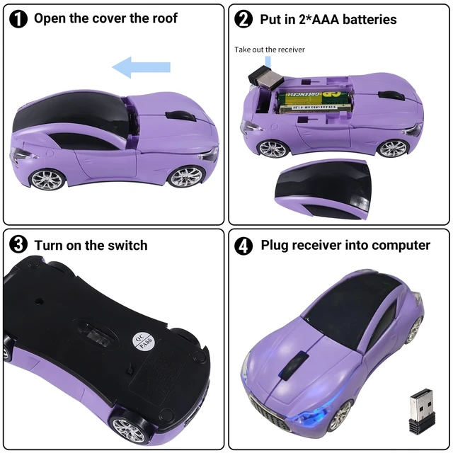 Alt view image 5 of 6 - Wireless Mini Mouse with Case - Cute Sports Car Shape, Lightweight & Portable, 10m Range, Plug and Play (Purple)