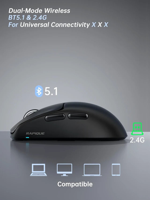 Alt view image 3 of 7 - 53g Wireless Mouse, Bluetooth 5.1 & 2.4GHz Dual Mode, Black | USB-C Rechargeable, Silent Click, 3 DPI Levels, Side Buttons, Comfortable low-profile keys for Laptop, PC, MacBook