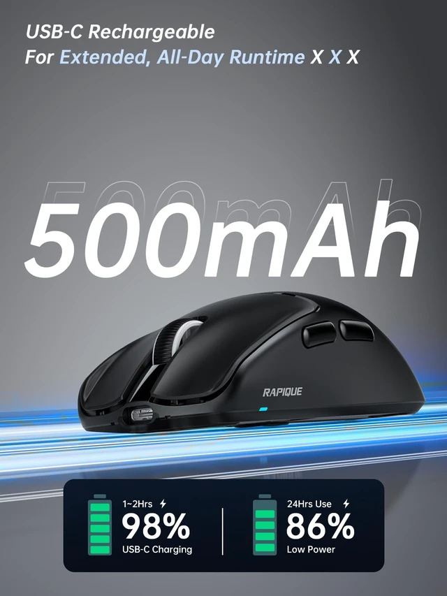 Alt view image 5 of 7 - 53g Wireless Mouse, Bluetooth 5.1 & 2.4GHz Dual Mode, Black | USB-C Rechargeable, Silent Click, 3 DPI Levels, Side Buttons, Comfortable low-profile keys for Laptop, PC, MacBook