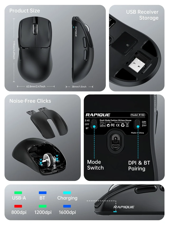 Alt view image 6 of 7 - 53g Wireless Mouse, Bluetooth 5.1 & 2.4GHz Dual Mode, Black | USB-C Rechargeable, Silent Click, 3 DPI Levels, Side Buttons, Comfortable low-profile keys for Laptop, PC, MacBook