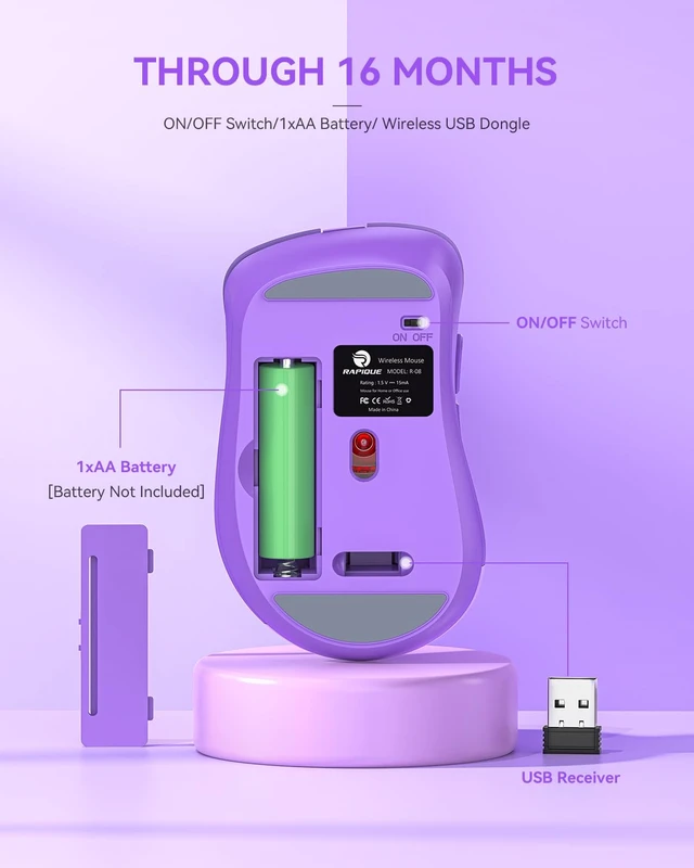 Alt view image 5 of 7 - 2.4G Wireless Mouse,USB Receiver & Type-C Adapter,Purple | Quiet clicks,Low Power, Ergonomic Cordless Mouse for Laptop, PC, Desktop, MacBook, 3 Adjustable DPI Levels
