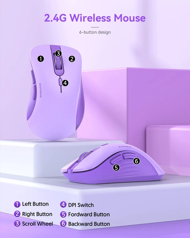 Alt view image 7 of 7 - 2.4G Wireless Mouse,USB Receiver & Type-C Adapter,Purple | Quiet clicks,Low Power, Ergonomic Cordless Mouse for Laptop, PC, Desktop, MacBook, 3 Adjustable DPI Levels