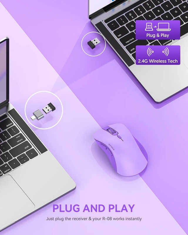 Alt view image 3 of 7 - 2.4G Wireless Mouse,USB Receiver & Type-C Adapter,Purple | Quiet clicks,Low Power, Ergonomic Cordless Mouse for Laptop, PC, Desktop, MacBook, 3 Adjustable DPI Levels