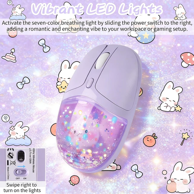 Alt view image 3 of 6 - Wireless Bluetooth Mouse -Cute Clear Aqua Design, Glitter Liquid Sand Water Mouse with Optical Precision, Silent Clicks, LED Breathing Light,Transparent Retro Style for Home Office (Purple)