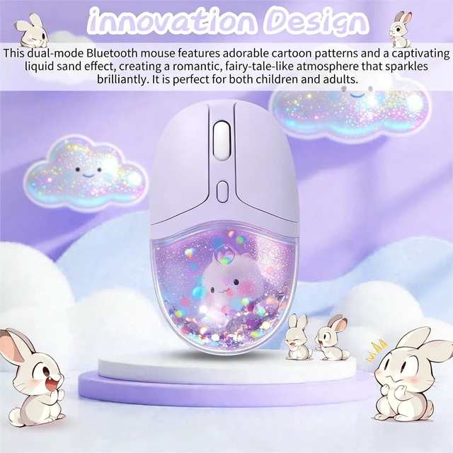 Alt view image 2 of 6 - Wireless Bluetooth Mouse -Cute Clear Aqua Design, Glitter Liquid Sand Water Mouse with Optical Precision, Silent Clicks, LED Breathing Light,Transparent Retro Style for Home Office (Purple)