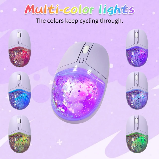 Alt view image 4 of 6 - Wireless Bluetooth Mouse -Cute Clear Aqua Design, Glitter Liquid Sand Water Mouse with Optical Precision, Silent Clicks, LED Breathing Light,Transparent Retro Style for Home Office (Purple)