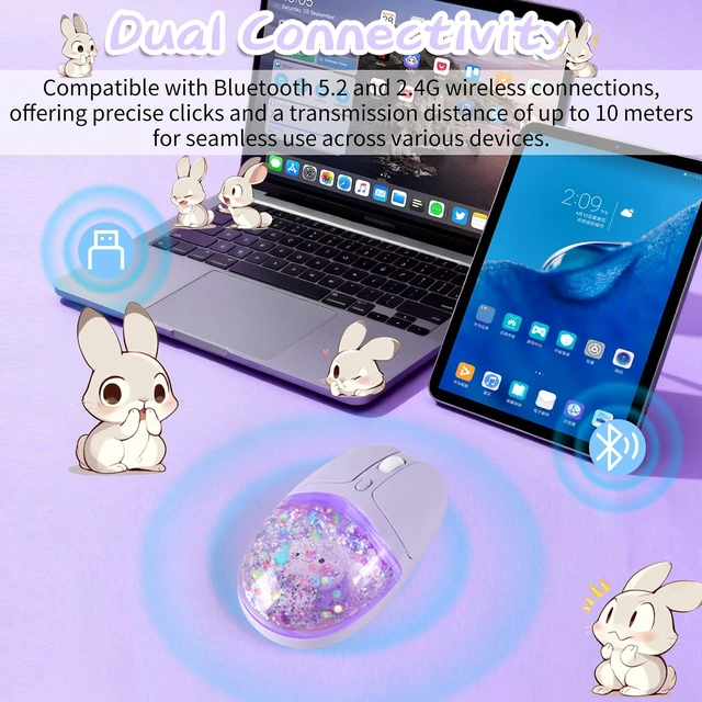 Alt view image 5 of 6 - Wireless Bluetooth Mouse -Cute Clear Aqua Design, Glitter Liquid Sand Water Mouse with Optical Precision, Silent Clicks, LED Breathing Light,Transparent Retro Style for Home Office (Purple)