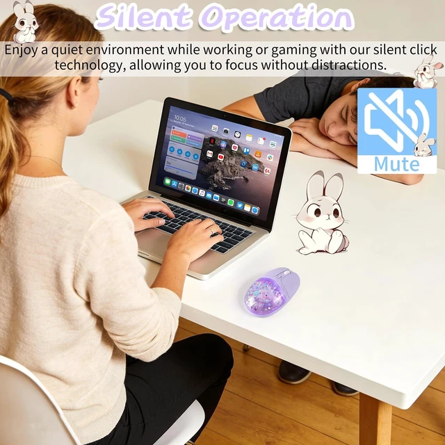 Alt view image 6 of 6 - Wireless Bluetooth Mouse -Cute Clear Aqua Design, Glitter Liquid Sand Water Mouse with Optical Precision, Silent Clicks, LED Breathing Light,Transparent Retro Style for Home Office (Purple)
