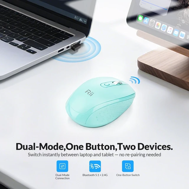 Alt view image 2 of 7 - RM213 Rechargeable Wireless Mouse, Bluetooth 5.1 + 2.4G Dual Mode (Receiver Included), 65g Travel Mouse for Laptop MacBook Tablet PC, USB-C, 3 DPI Levels, Mint Green