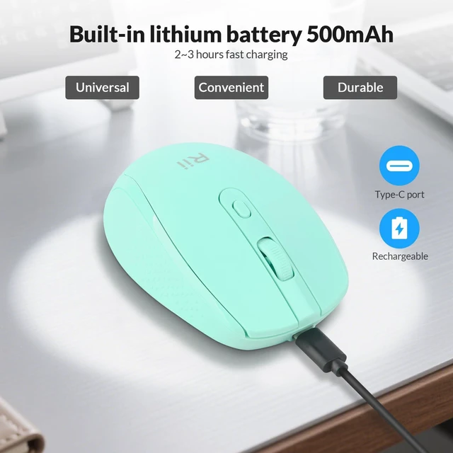 Alt view image 3 of 7 - RM213 Rechargeable Wireless Mouse, Bluetooth 5.1 + 2.4G Dual Mode (Receiver Included), 65g Travel Mouse for Laptop MacBook Tablet PC, USB-C, 3 DPI Levels, Mint Green