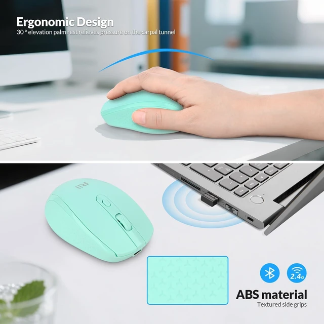 Alt view image 7 of 7 - RM213 Rechargeable Wireless Mouse, Bluetooth 5.1 + 2.4G Dual Mode (Receiver Included), 65g Travel Mouse for Laptop MacBook Tablet PC, USB-C, 3 DPI Levels, Mint Green