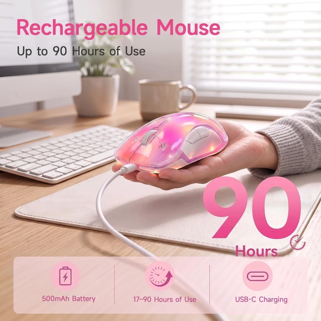 Alt view image 5 of 7 - 2.4G LED Wireless Mouse, Rechargeable Ergonomic Mouse with Detachable Cover, 1400 DPI Portable Optical Computer Mouse with USB Receiver for Laptop, PC, Desktop and MacBook, 5 Buttons-Pink