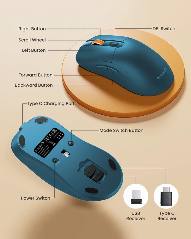 Alt view image 5 of 7 - EM15 USB C Mouse, Tri-Mode Bluetooth Mice for Laptop, Blue | 68g Ultra-Light, Ergonomic Design, Rechargeable Lightweight Portable Type C Wireless Mice for Tablet, PC, Windows, Mac