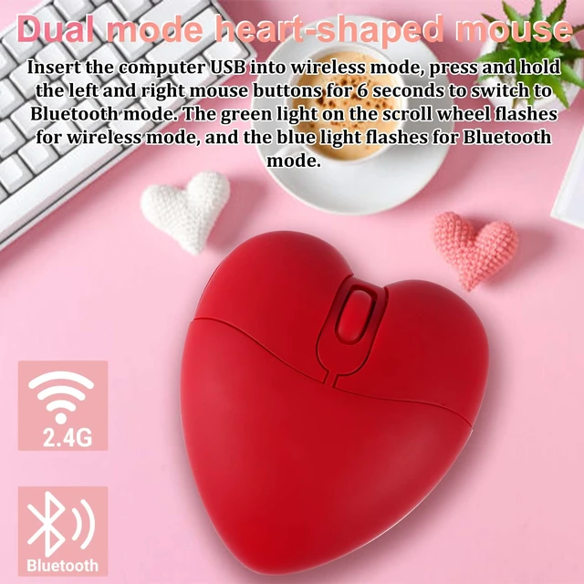 Alt view image 6 of 7 - Wireless Bluetooth Mouse Cute Heart Shape Dual-Mode (2.4G+BT), Lightweight and Portable, 1000DPI, 3-Button Silent Optical Mouse, for Computers, Tablets, Notebooks, Kids Girls Women Lover Gifts(Red)
