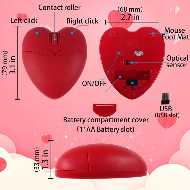 Alt view image 7 of 7 - Wireless Bluetooth Mouse Cute Heart Shape Dual-Mode (2.4G+BT), Lightweight and Portable, 1000DPI, 3-Button Silent Optical Mouse, for Computers, Tablets, Notebooks, Kids Girls Women Lover Gifts(Red)