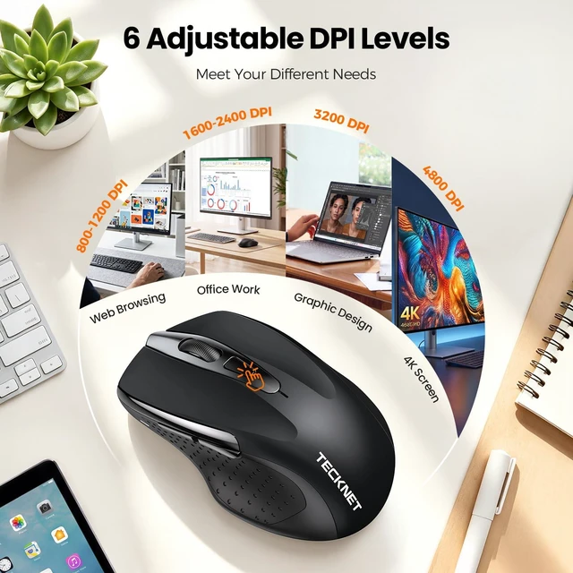 Alt view image 6 of 7 - Wireless Mouse Rechargeable, 2.4G Computer Mice with USB-A Receiver | 2.4G Connection, 800mAh Battery, 3X Faster Charging, Silent Click, 6-Level 4800 DPI, Ergonomic Design for All-day Comfort