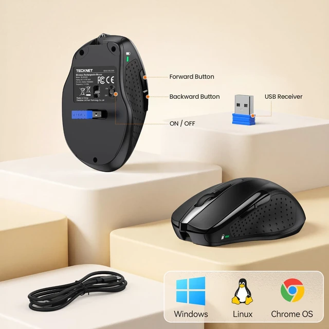 Alt view image 7 of 7 - Wireless Mouse Rechargeable, 2.4G Computer Mice with USB-A Receiver | 2.4G Connection, 800mAh Battery, 3X Faster Charging, Silent Click, 6-Level 4800 DPI, Ergonomic Design for All-day Comfort