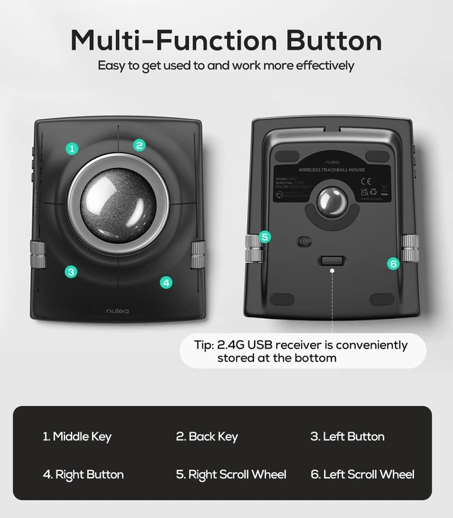 Alt view image 7 of 7 - Wireless Trackball Mouse Ergonomic 55mm Large Ball Ambidextrous | Rechargeable mouse with free spin scroll wheel,quiet clicks,Bluetooth USB connection,smooth tracking,PC Mac compatible-Silver