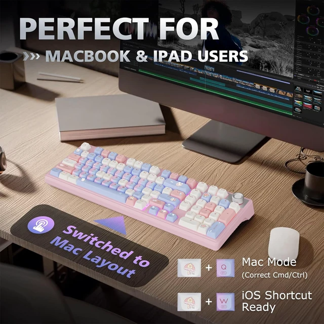 Alt view image 5 of 7 - Compute Keyboard, Wireless Gaming Mechanical Creamy Keyboard Pink | Full Size Silent Keyboard with Knob & 4000mAh Battery, Pre-lubed Switches, PBT Keycaps, RGB Backlit Hot Swappable Keyboards