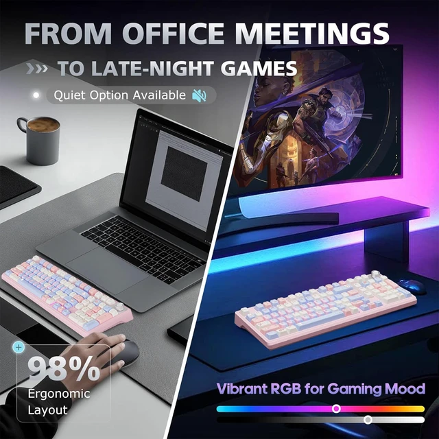 Alt view image 6 of 7 - Compute Keyboard, Wireless Gaming Mechanical Creamy Keyboard Pink | Full Size Silent Keyboard with Knob & 4000mAh Battery, Pre-lubed Switches, PBT Keycaps, RGB Backlit Hot Swappable Keyboards