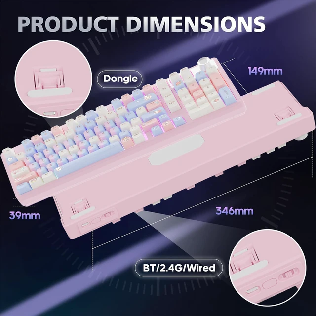 Alt view image 7 of 7 - Compute Keyboard, Wireless Gaming Mechanical Creamy Keyboard Pink | Full Size Silent Keyboard with Knob & 4000mAh Battery, Pre-lubed Switches, PBT Keycaps, RGB Backlit Hot Swappable Keyboards