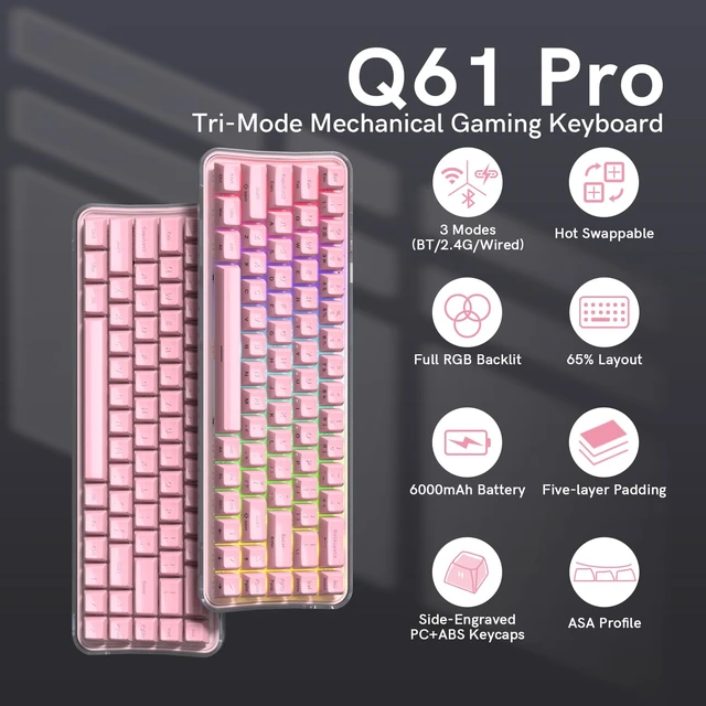 Alt view image 2 of 7 - Womier Mechanical Wireless Bluetooth Keyboard, 60% Creamy Gaming Keyboard | Q61 PRO Keyboard for PC, Hot-Swappable, RGB Backlight, BT 5.0/2.4GHz/USB C, ASA Profile, Side-Engraved PC+ABS Keycaps - Pink