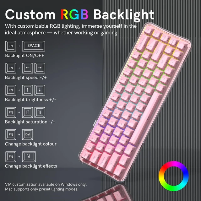 Alt view image 6 of 7 - Womier Mechanical Wireless Bluetooth Keyboard, 60% Creamy Gaming Keyboard | Q61 PRO Keyboard for PC, Hot-Swappable, RGB Backlight, BT 5.0/2.4GHz/USB C, ASA Profile, Side-Engraved PC+ABS Keycaps - Pink
