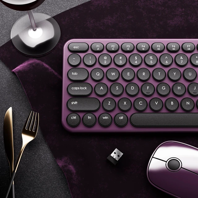 Alt view image 3 of 6 - Wireless Keyboard and Mouse Combo (Wine Red Black) | Retro Round 110 Keycaps Silent Typing - 2.4G Aesthetic Computer Keyboard with Number Pad for Laptop, Mac, Windows