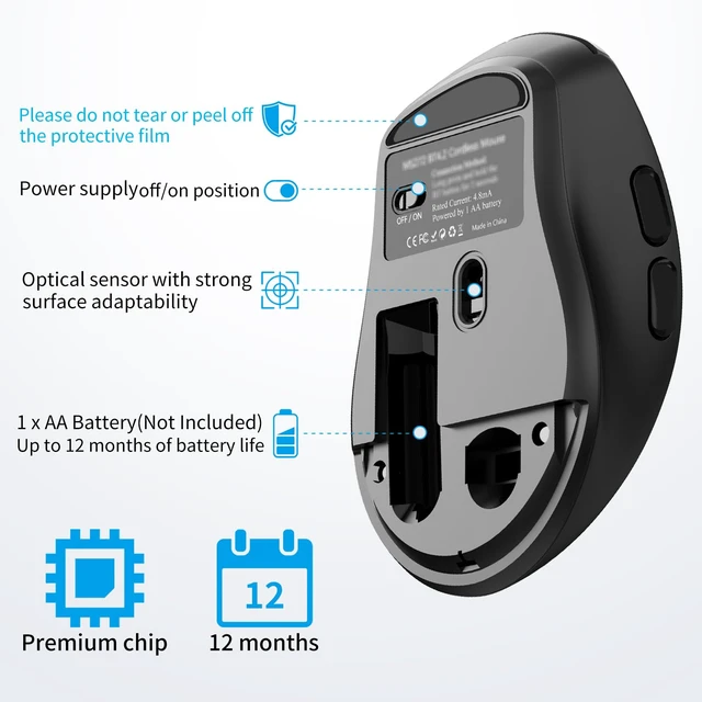 Alt view image 5 of 7 - 2.4G Silent Ergonomic Wireless Side Button Mouse Black | Multi-level 1000/1600/2400 DPI, quiet click ergonomic design, USB receiver, works with Laptop, Chromebook & Tablet
