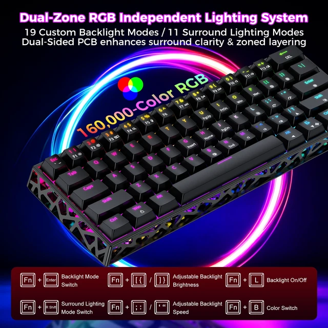 Alt view image 3 of 7 - Mechanical Gaming Keyboard Hot Swappable: 60% Mini Wired RGB Backlit NKRO | GK08 61 keys Hollow-Out Case Thocky Sound Portable Keyboard Custom Driver, USB-C Pre-lubed Linear Switches for Laptop/PC/Mac
