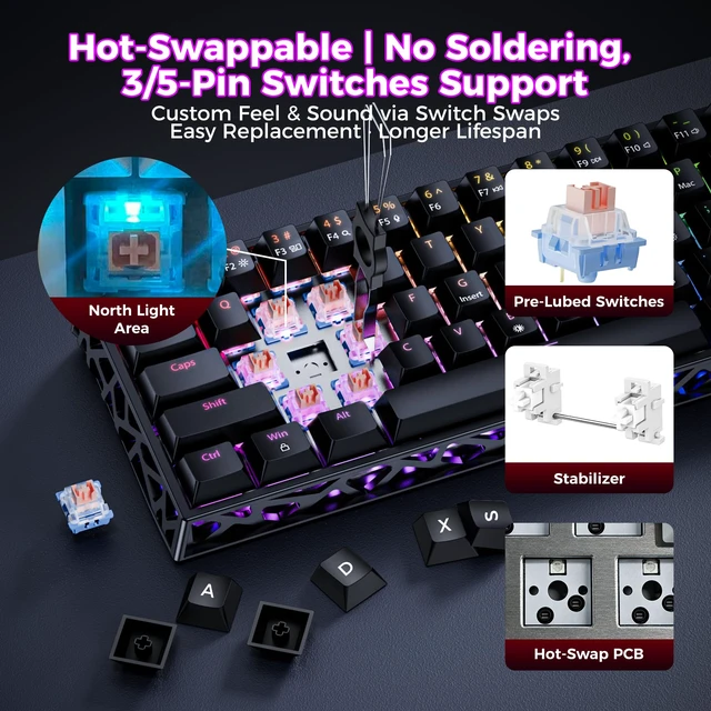 Alt view image 6 of 7 - Mechanical Gaming Keyboard Hot Swappable: 60% Mini Wired RGB Backlit NKRO | GK08 61 keys Hollow-Out Case Thocky Sound Portable Keyboard Custom Driver, USB-C Pre-lubed Linear Switches for Laptop/PC/Mac