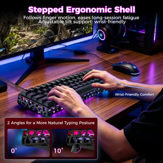 Alt view image 5 of 7 - Mechanical Gaming Keyboard Hot Swappable: 60% Mini Wired RGB Backlit NKRO | GK08 61 keys Hollow-Out Case Thocky Sound Portable Keyboard Custom Driver, USB-C Pre-lubed Linear Switches for Laptop/PC/Mac