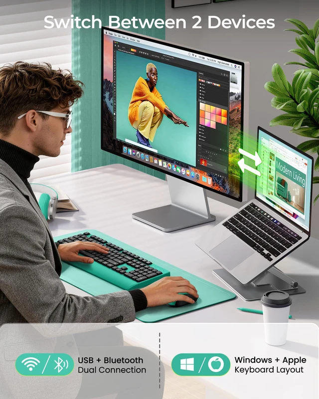 Alt view image 2 of 7 - COE200 Wireless Bluetooth Keyboard and Mouse Combo with Wrist Rest | USB/Bluetooth multi-device switching, quiet clicks, full-size ergonomic set for PC, laptop, Mac, and MacBook, Black Green