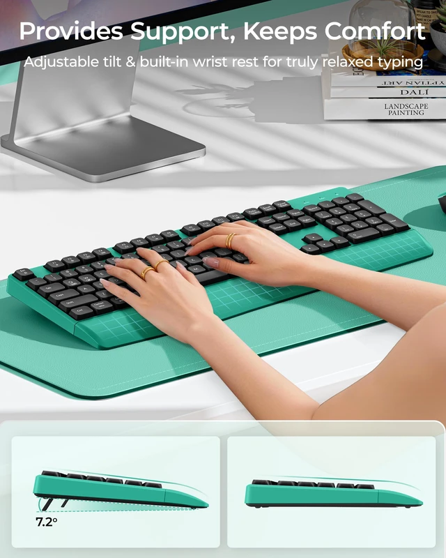 Alt view image 4 of 7 - COE200 Wireless Bluetooth Keyboard and Mouse Combo with Wrist Rest | USB/Bluetooth multi-device switching, quiet clicks, full-size ergonomic set for PC, laptop, Mac, and MacBook, Black Green